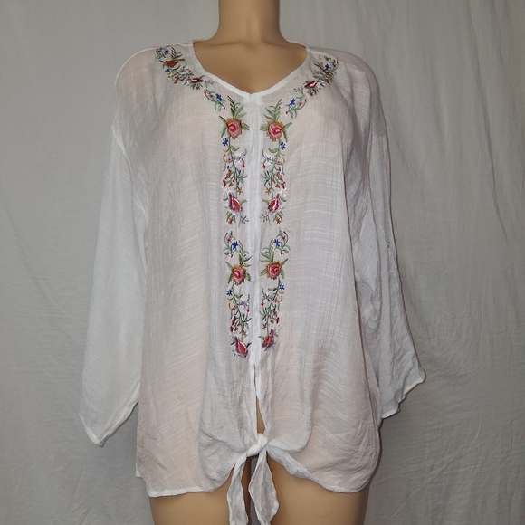 Zac & Rachel White Blouse with Floral Embroidery Bohemian Size XL - Picture 3 of 16